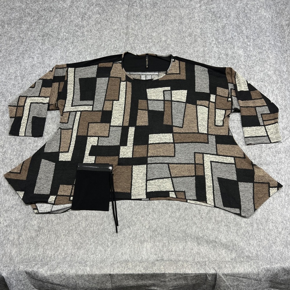 IC By Connie K Shirt Womens XL Black Brown‎ Geometric Asymmetrical Hem Tunic Top